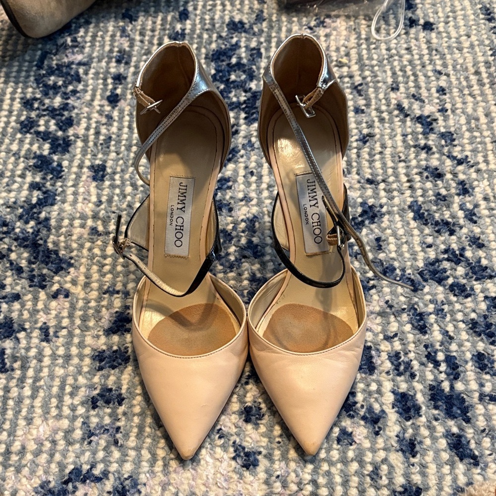 Jimmy Choo Silver and Cream Pointed Heels